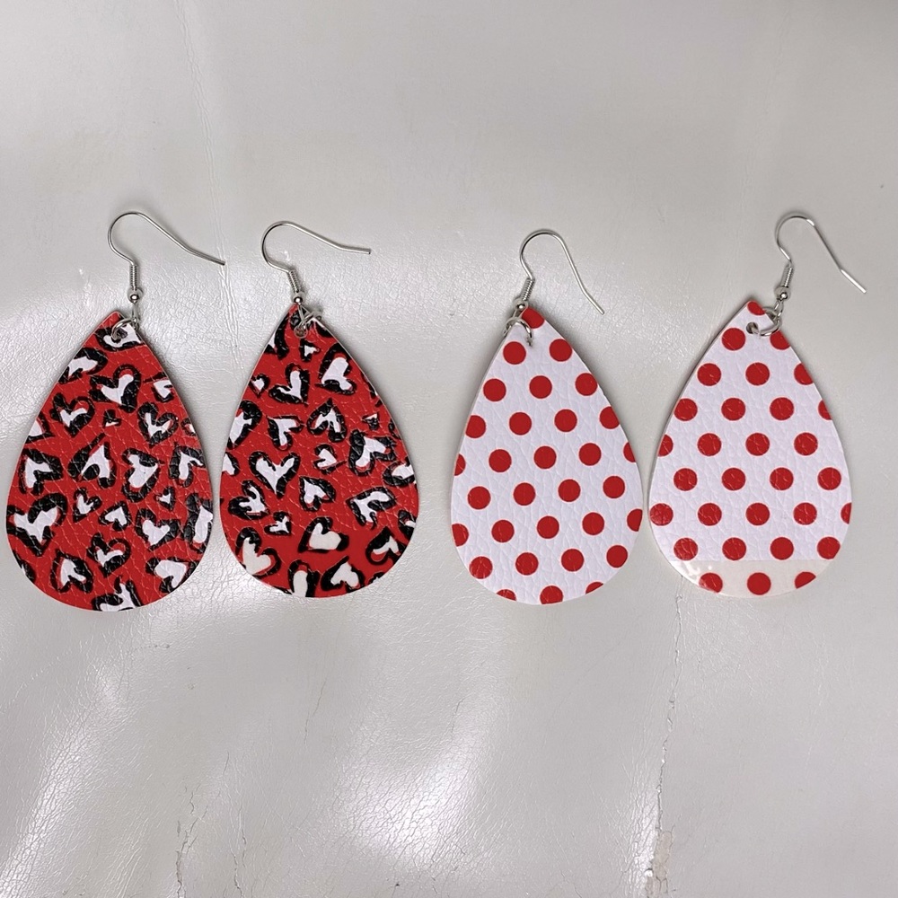 2 Pairs EARRINGS Hearts & Polka Dots Faux Leather Teardrop Dangle
